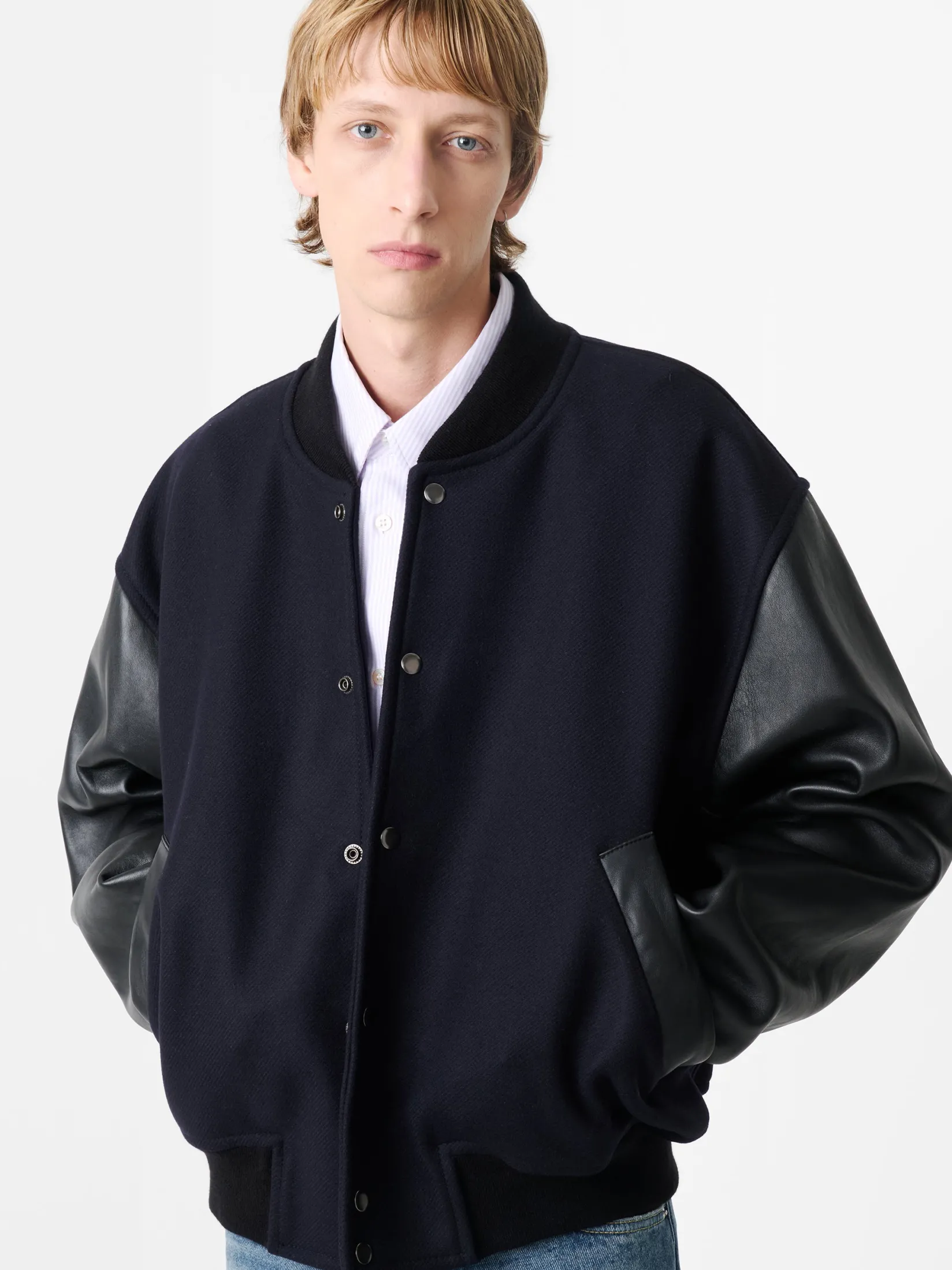 Fashion Studio Nicholson Alph Leather Bomber Jacket Darkest Navy