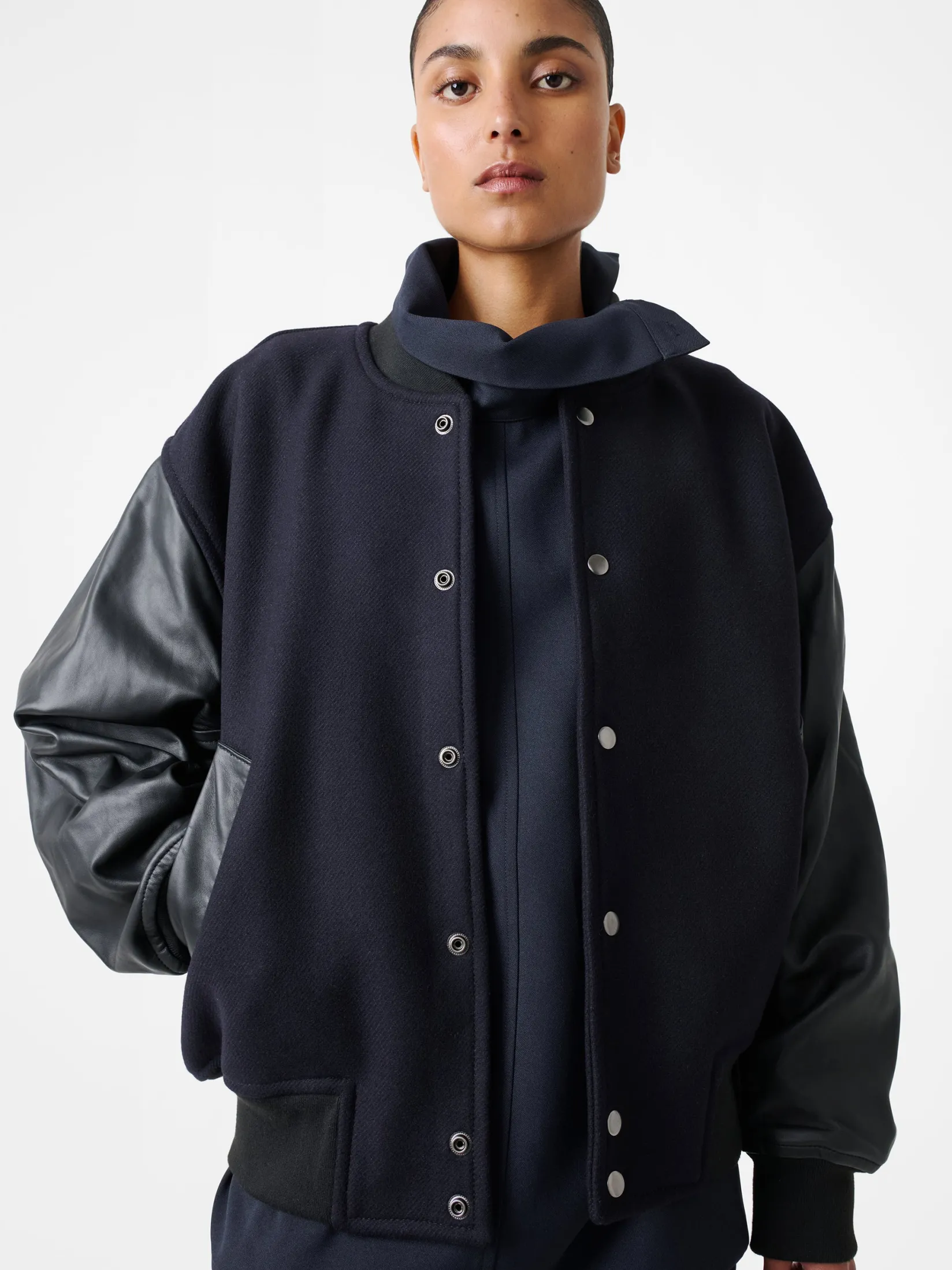 Fashion Studio Nicholson Alph Leather Bomber Jacket Darkest Navy