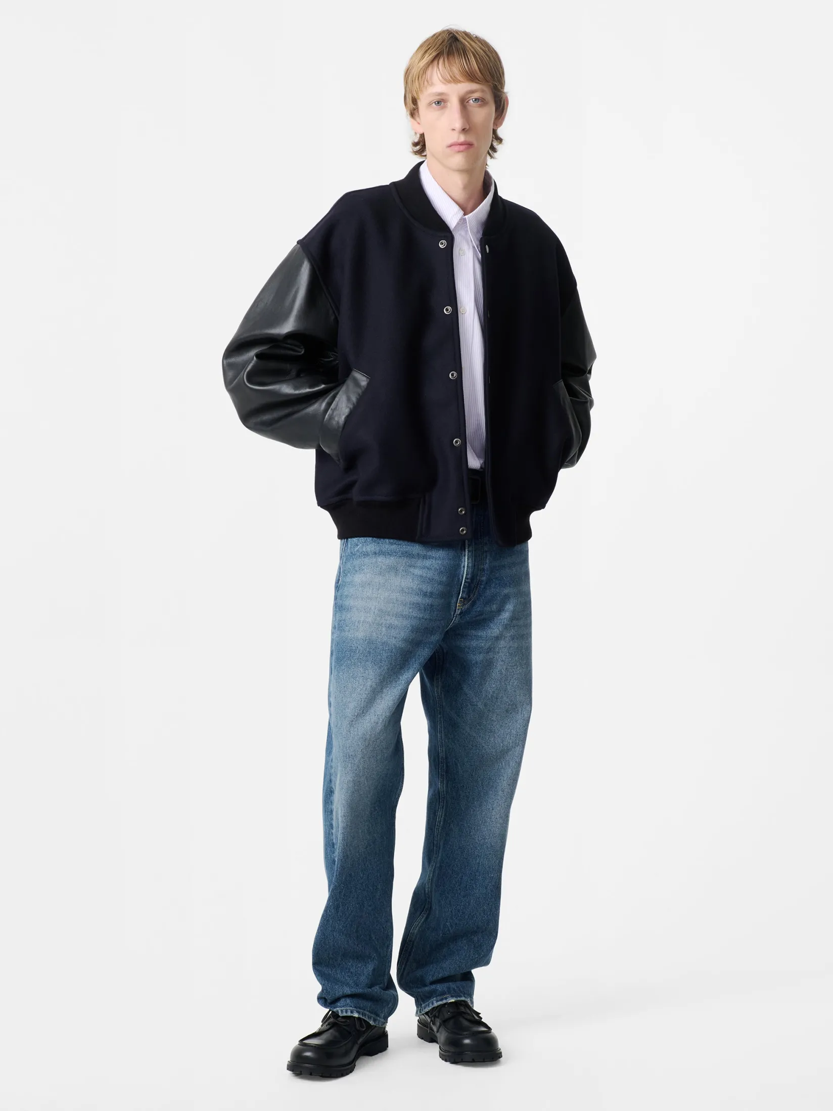 Fashion Studio Nicholson Alph Leather Bomber Jacket Darkest Navy