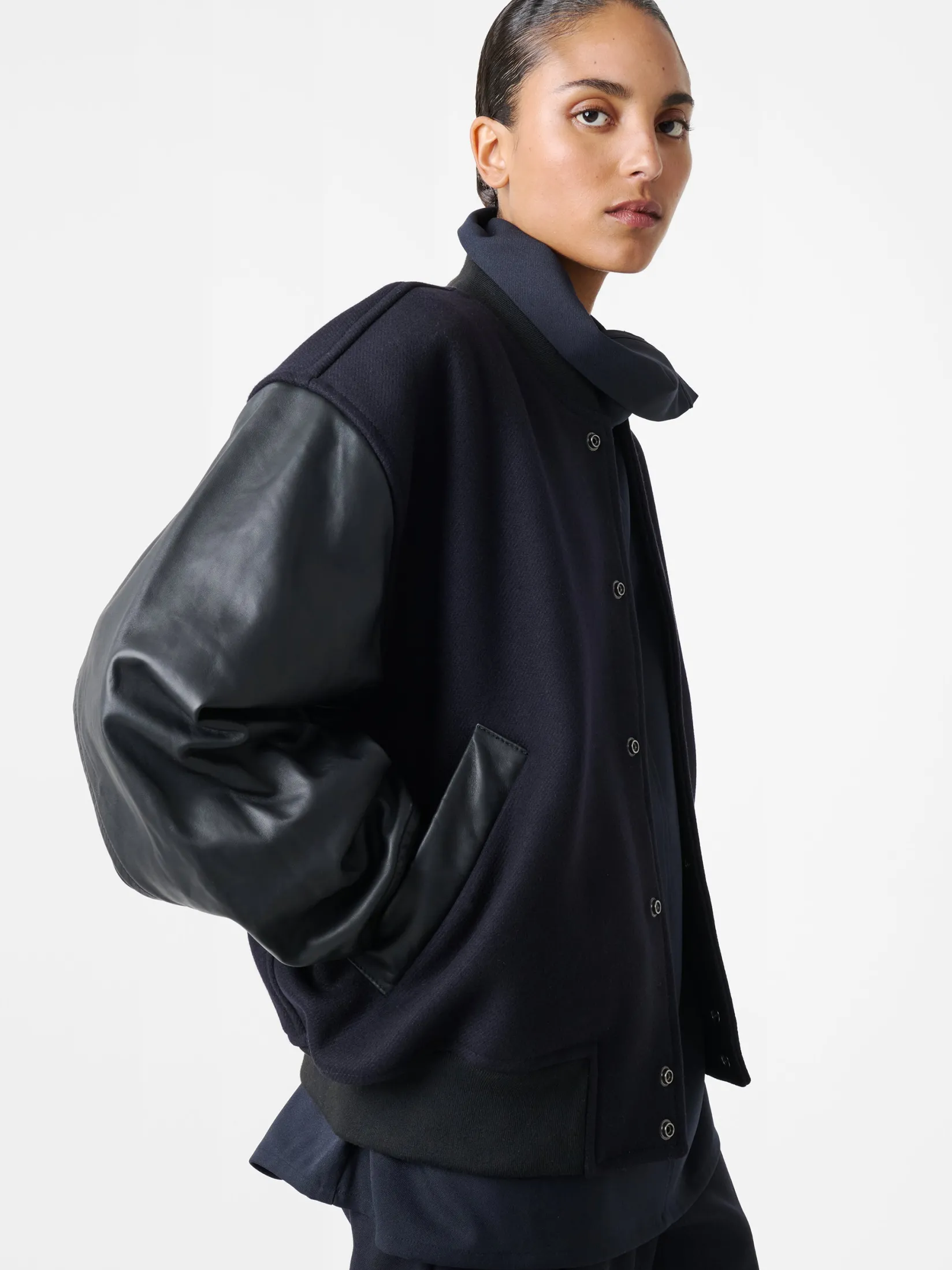 Fashion Studio Nicholson Alph Leather Bomber Jacket Darkest Navy