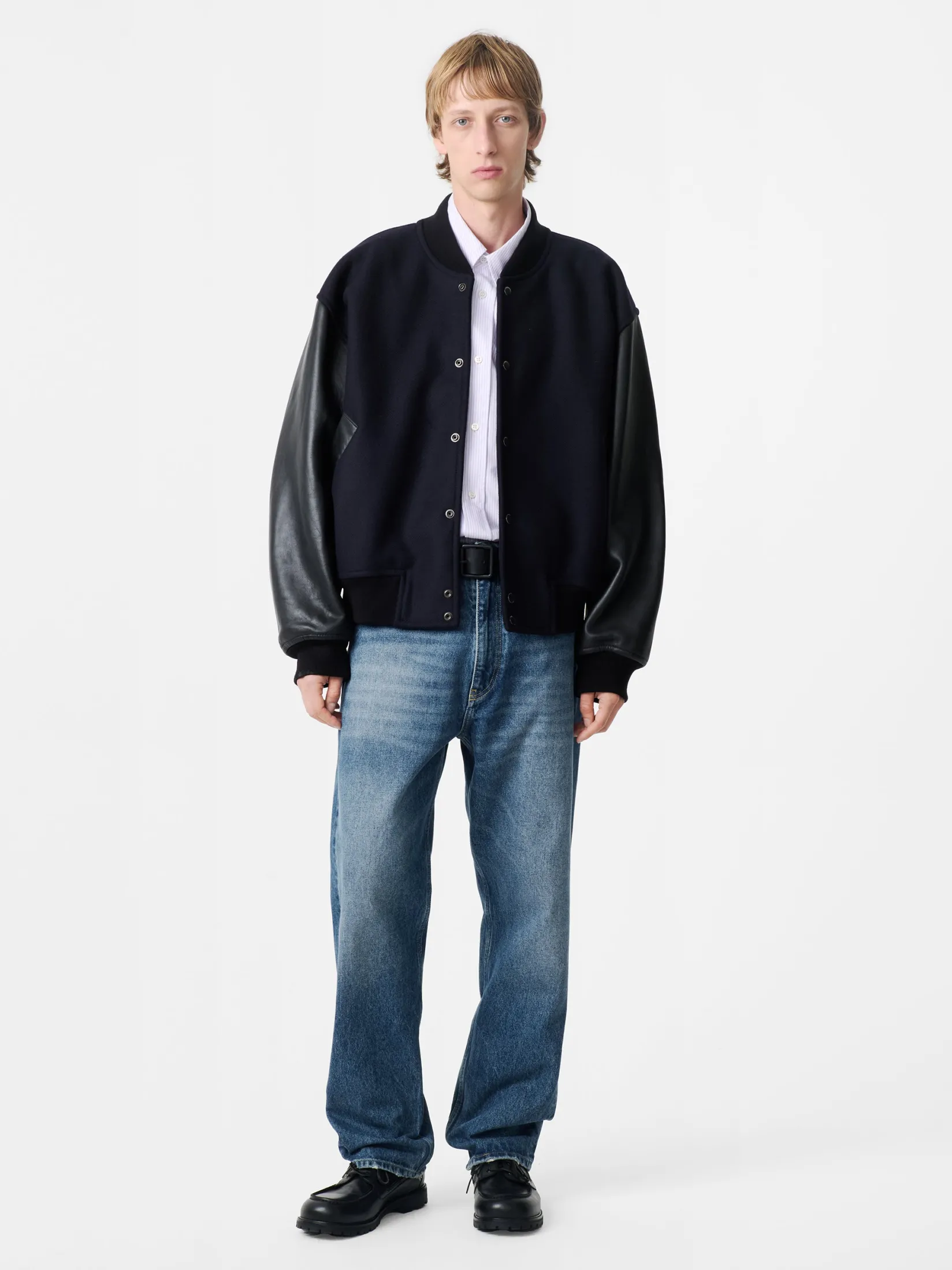 Fashion Studio Nicholson Alph Leather Bomber Jacket Darkest Navy