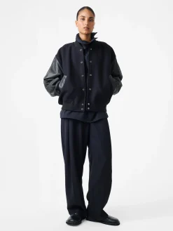 Fashion Studio Nicholson Alph Leather Bomber Jacket Darkest Navy
