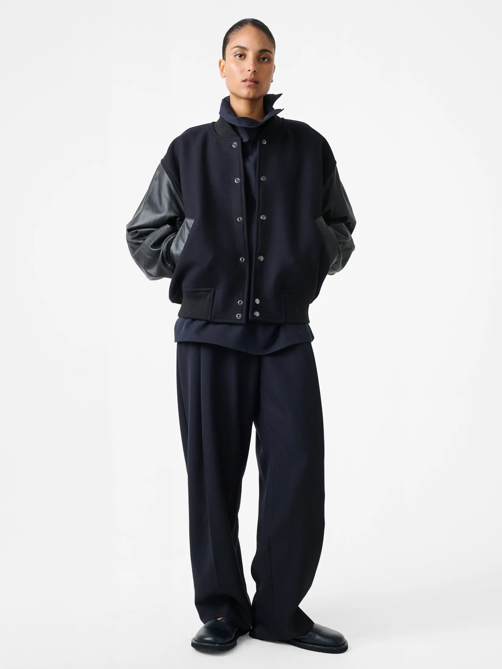 Fashion Studio Nicholson Alph Leather Bomber Jacket Darkest Navy
