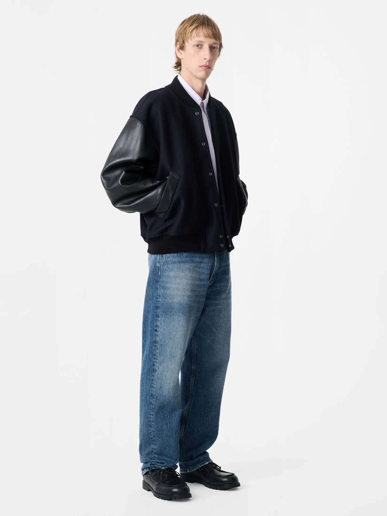 Fashion Studio Nicholson Alph Leather Bomber Jacket Darkest Navy